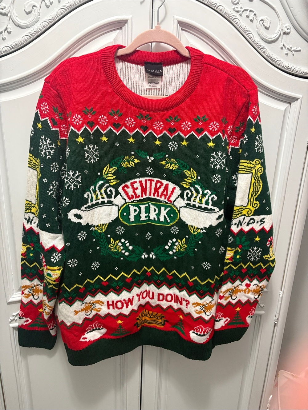Central Perk Women’s Crewneck Sweater – Green & Red Holiday Knit